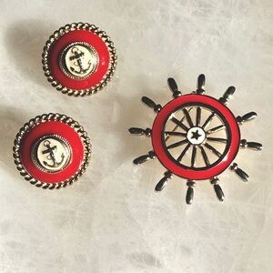 Vintage Nautical Red and Gold/chrome Anchor Earrings and Brooch Set